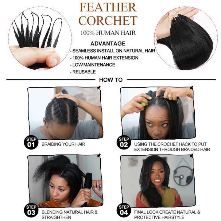 Lumiere Straight Feather Crochet Human Hair Boho Braid Styles Miracle Knots Pre-Separated Crochet Hair Extensions