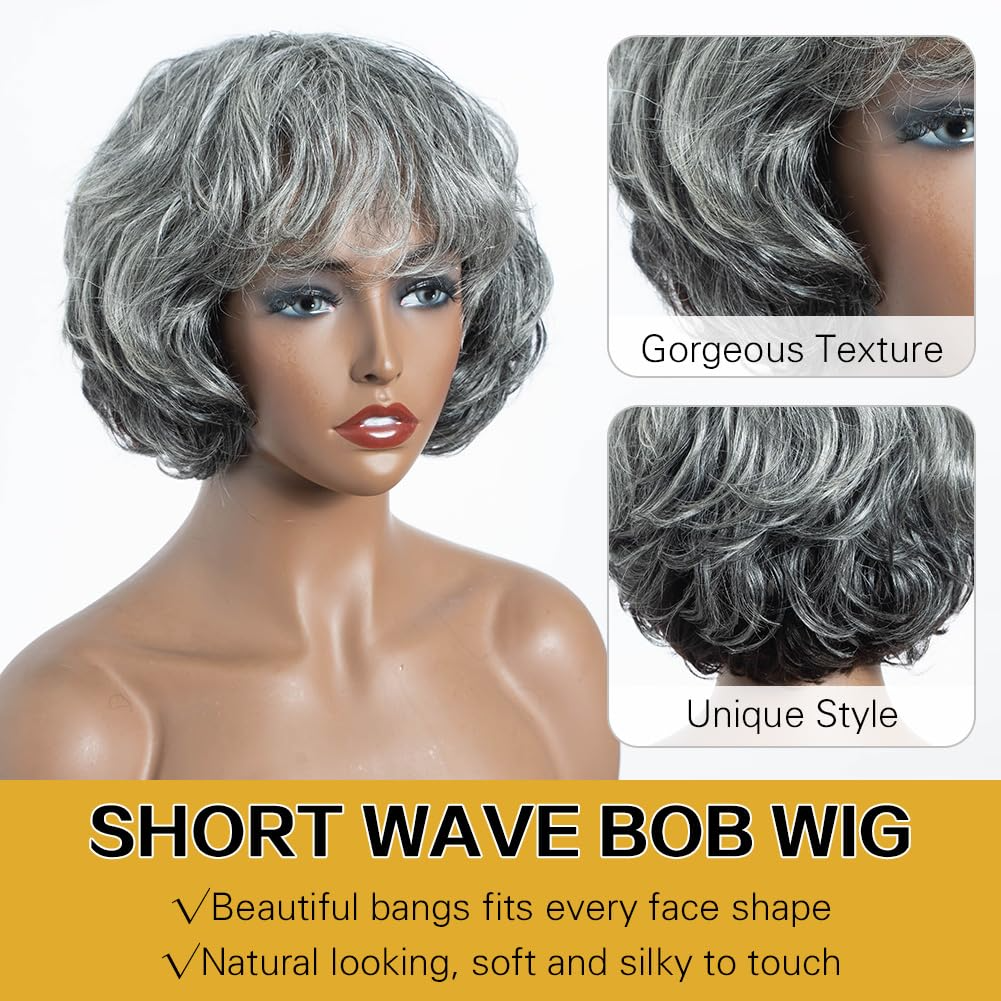 Brazilian Salt And Pepper Remy Hair Short Silver Gray  Bob Human Hair Wigs For  Women Remy Hair Bangs Wigs Full machine made wigs
