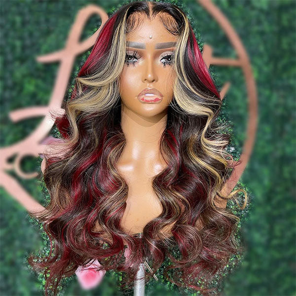 WG-91 Skunk Stripe Highlight Red Blonde Colored Straight Transparent Lace Front Wig Body Wave Lace Front Wig Human Hair