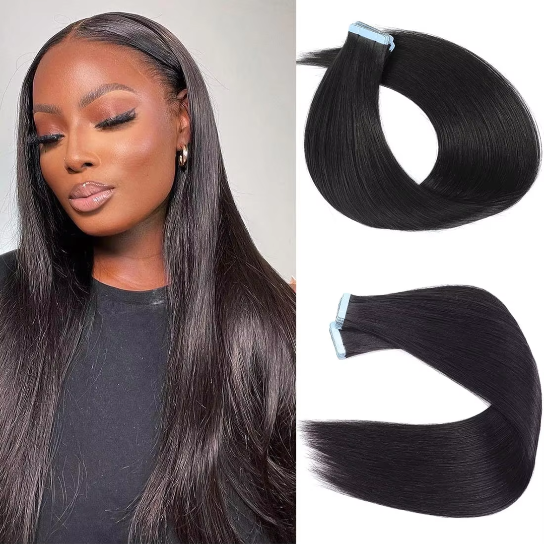 PU Tape in Straight Human Hair Natural Black Hair Extensions Tape in Human Hair Seamless Extensions Glue in PU Extensions 16-26 Inch 20Pcs/Pack