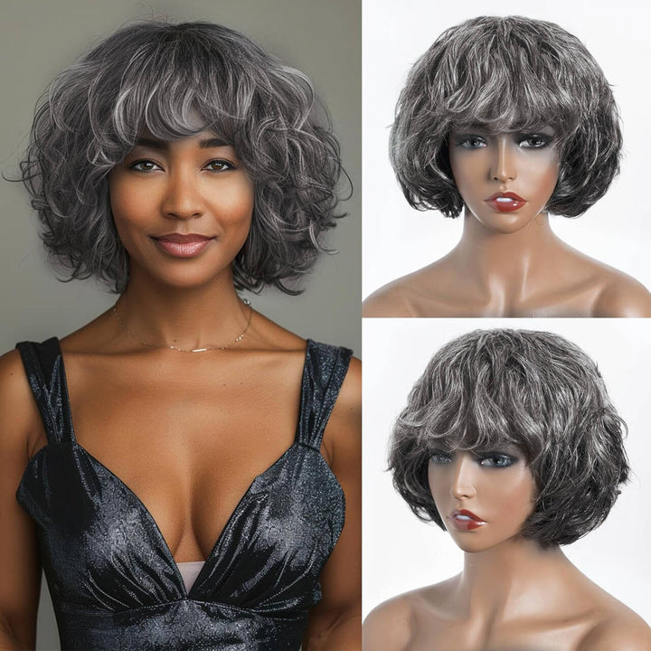 Brazilian Salt And Pepper Remy Hair Short Silver Gray  Bob Human Hair Wigs For  Women Remy Hair Bangs Wigs Full machine made wigs