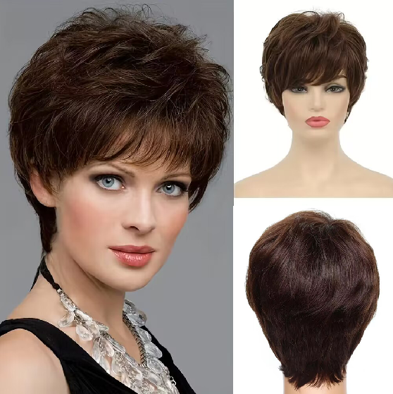 New Pixie Cut Colored Short Straight Full Machine Wigs with Natural Bangs Bob Wig with Layer Hair