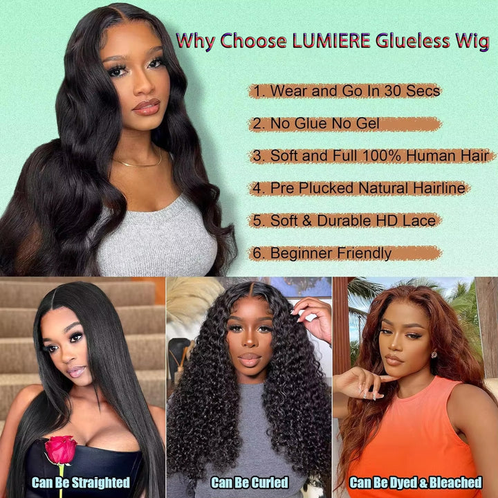 [Glueless Wig]Lumiere Pre-cut 5x5 HD Invisible Lace Front Wigs Pre Plucked Body Wave Glueless Human Hair Wigs