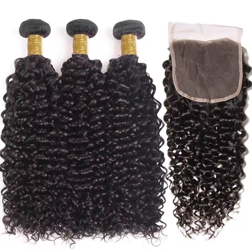 Lumiere  15A Afro Kinky Human Hair 3 Bundles With 4x4 Closure Lace Human Hair Weave Bundle Deal Hair Extensions Wholesale