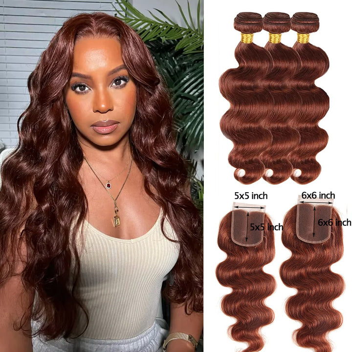 Reddish Brown #33 Colored Body Wave Bundles With 5x5/6x6 Closure 100% Human Hair 3 PCS Bundles And Closure(No Code Need)