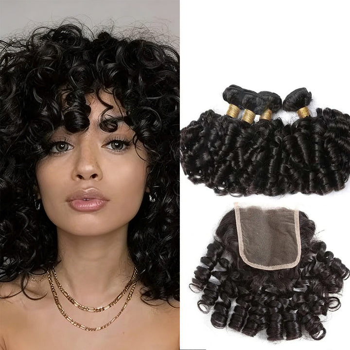 Bouncy Curly 4 Bundles avec 4x4 Lace Closure Indian Virgin Hair Extensions 