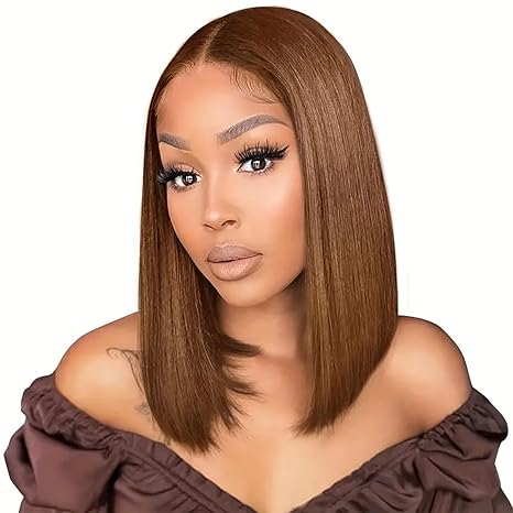 Lumiere Blunt Cut Short Bob Wigs #4 Brown Colored Straight Bob 2x6 Lace Closure Wigs