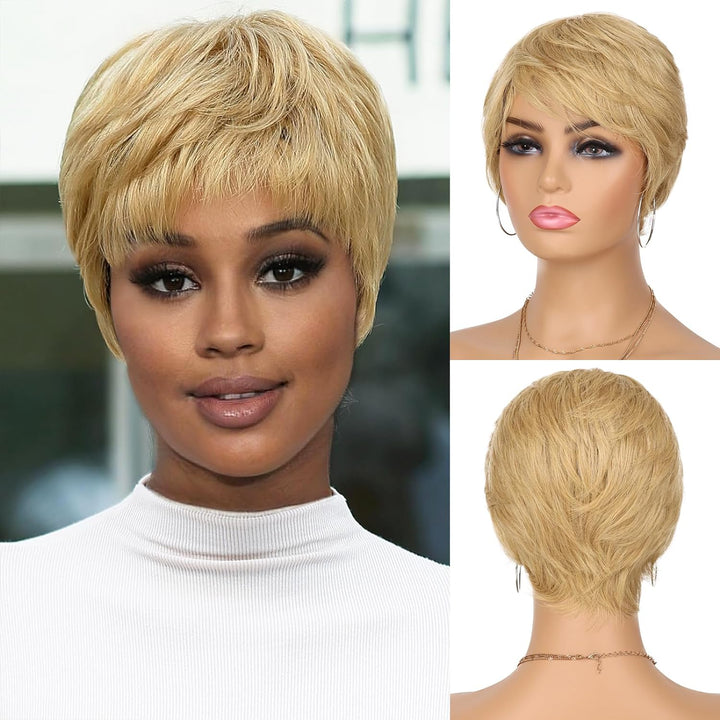 New Pixie Cut #1B #99J #27 Human Hair Wig with Bangs Black Short Straight Pixie Cut Hair Human Hair Machine Made Wig for Women