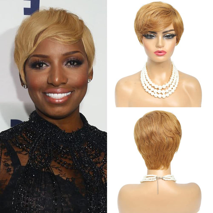 New Pixie Cut Short Straight #1b #4 #27 Color Machine Made Human Hair Wigs For Women