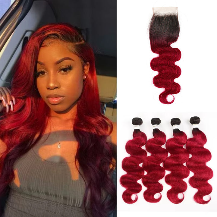 1B/BURG Ombre Body Wave 4 Bundles With 4x4 Lace Closure Pre Colored human hair