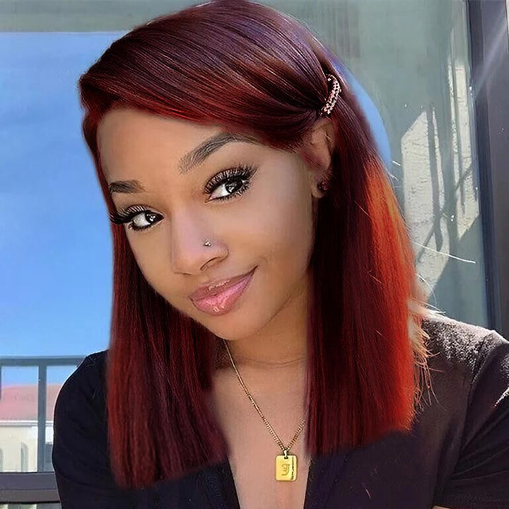 Lumiere Blunt Cut #99J Red Colored Short Bob 13x4 Lace Front Human Hair Wigs Straight Bob Wigs