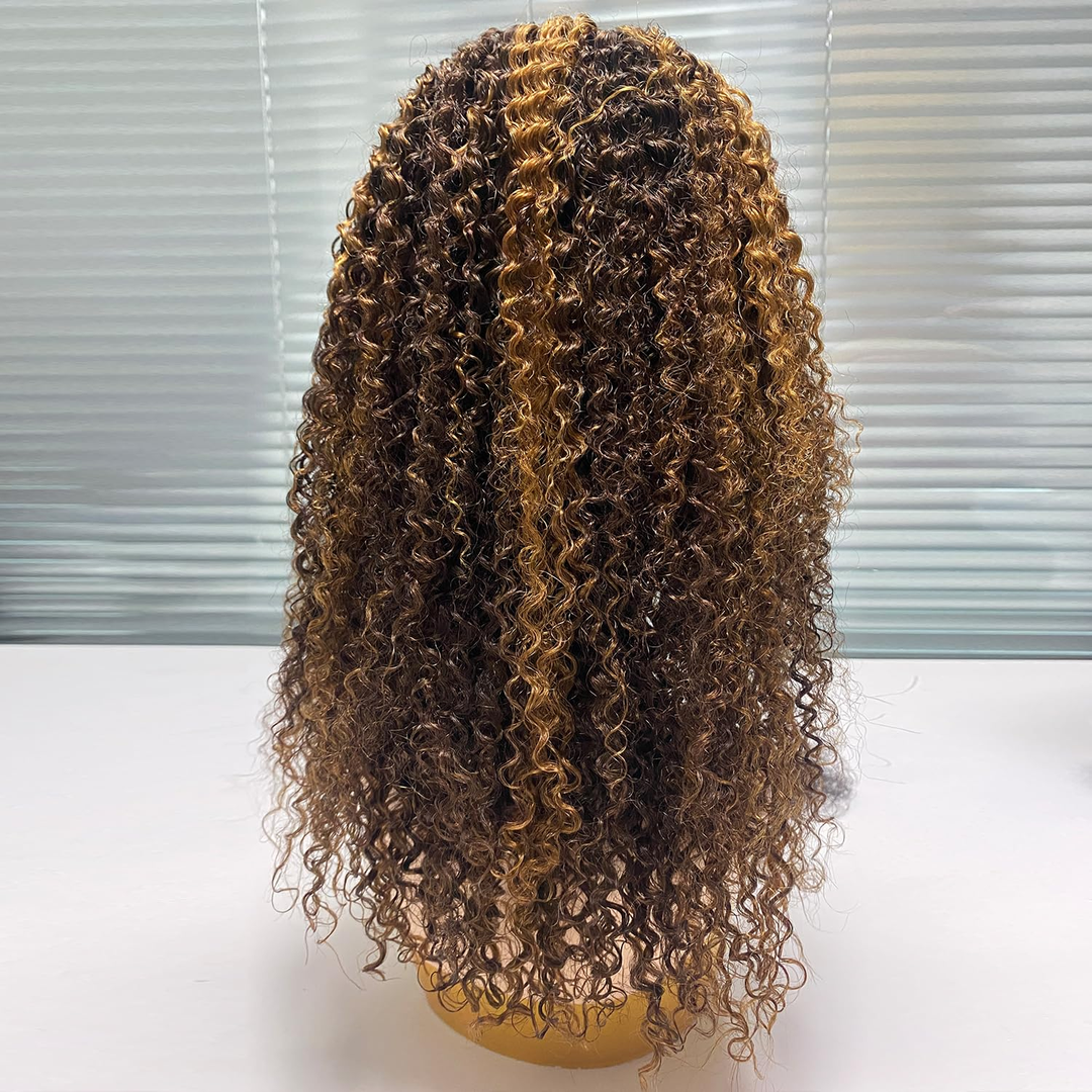 Honey Blonde Highlight #4/27 & #4/30 Color Kinky Curly Headband Wig Human Hair Wigs