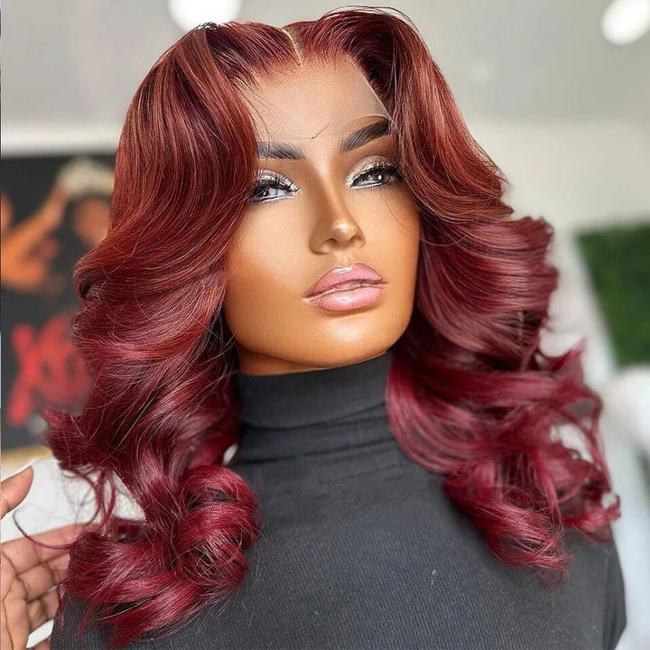 Lumiere Body Wave Burg Red Colored 13x4 Transparent Lace Front 180% Density Human Hair Wigs For Black Women HDZ