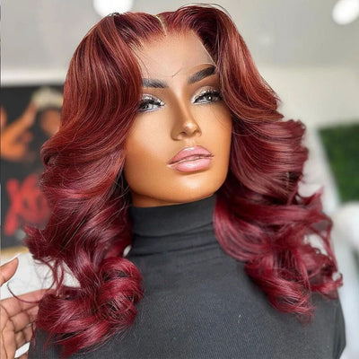 Lumiere Body Wave Burg Red Colored 13x4 Transparent Lace Front 180% Density Human Hair Glueless Wigs For Black Women HDZ
