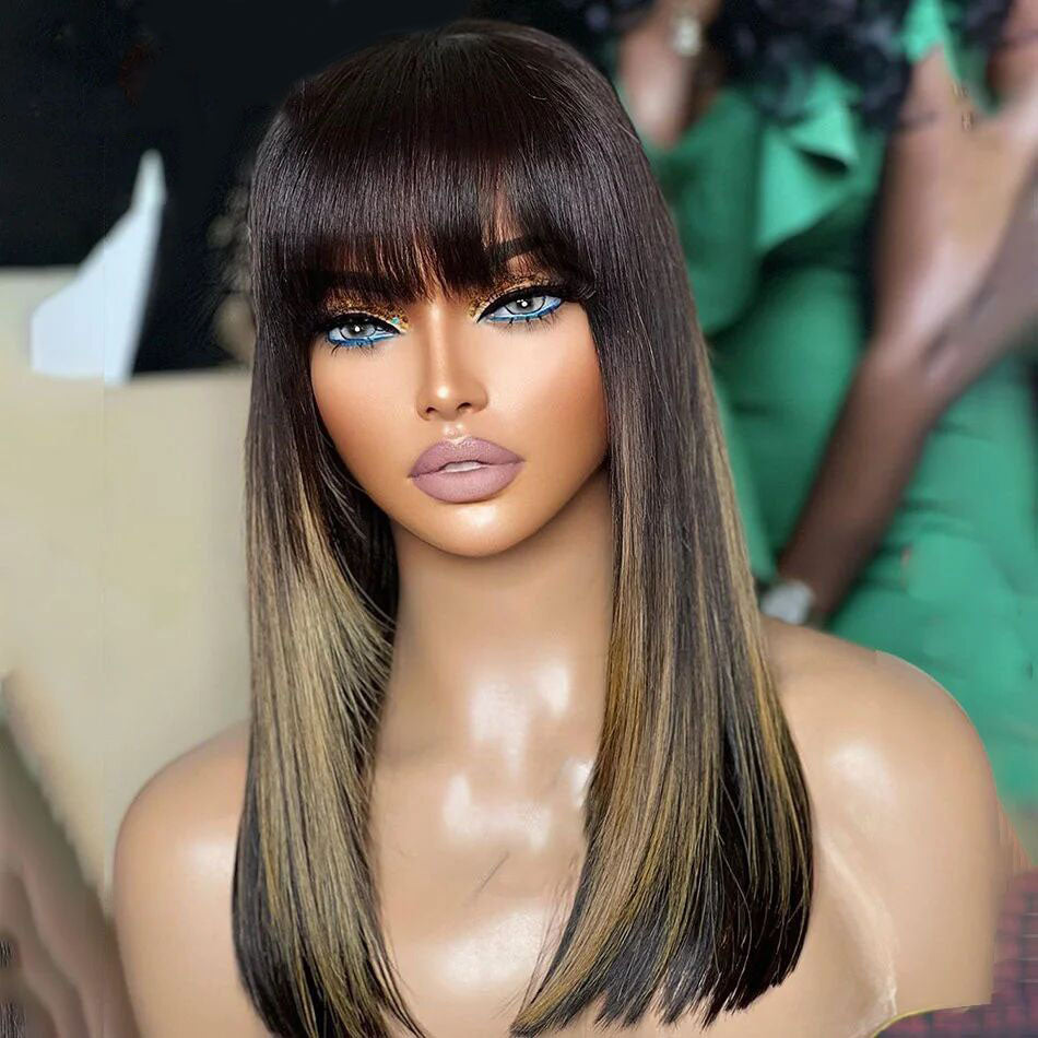 Lumiere Highlight Brown Blonde Straight 13x4 HD Lace Front 150% Density Human Hair Wigs With Natural Black Bangs For Black Women HDZ