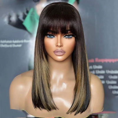 Lumiere Highlight Brown Blonde Straight 13x4 HD Lace Front 150% Density Human Hair Wigs With Natural Black Bangs For Black Women HDZ