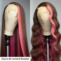Hot Pink and Black Skunk Stripe Straight Hair 13x4 Lace Frontal Skunk Stripe Wigs For Women