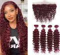 Red Bundles #99j Deep Wave 4 Bundles with 13x4 Frontal with transparent lace
