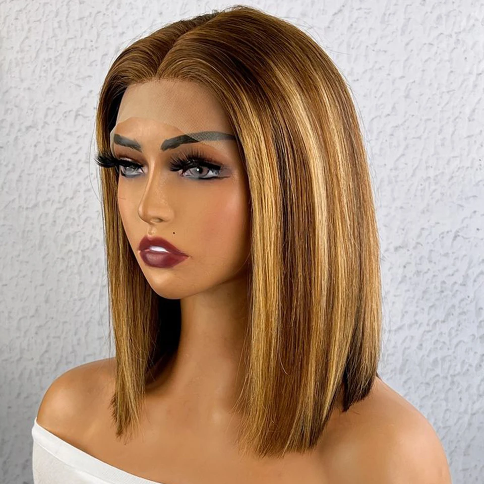 P4/30 Highlight Brown Straight Short Bob Wig 13x4 Lace Front Wigs Preplucked Lace Closure Wig