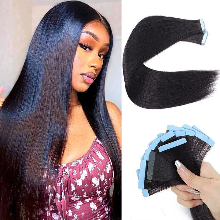 PU Tape in Straight Human Hair Natural Black Hair Extensions Tape in Human Hair Seamless Extensions Glue in PU Extensions 16-26 Inch 20Pcs/Pack
