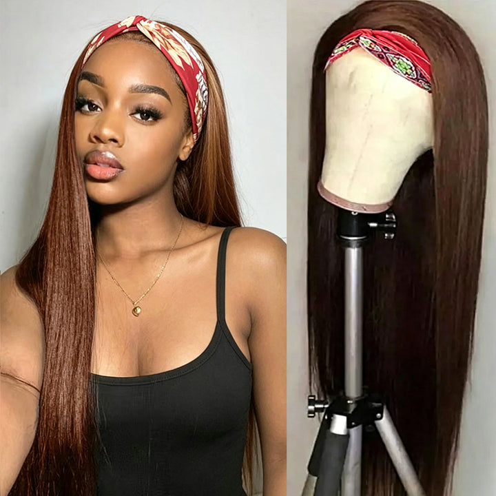 Color #4 Brown Straight Headband Human Hair Wigs For Black Woman