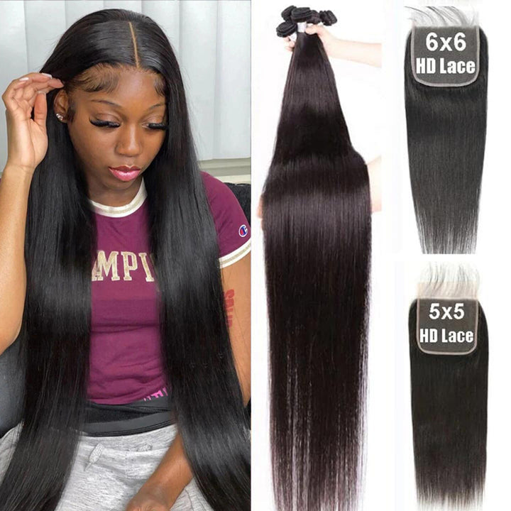Straight 4 Bundles With Closure 5x5 6x6 dentelle 100% cheveux humains vierges 