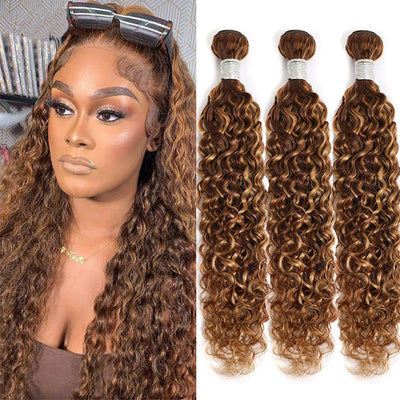 30 Inch P4/30 Water Wave 3 Bundles 10A Highlight Brown Blonde Weave Virgin Human Hair Weaving(No Code Need)