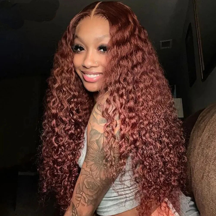#33 Reddish Brown Deep Curly 13x4/4x4/5x5 Closure Lace Mid Part Long Wig 100% Human Hair