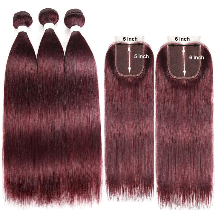 #99J Red Straight Human Hair 3 Bundles With 5x5/6x6 Lace Closure Brazilian Virgin Remy Human Hair Burgundy for Black Women