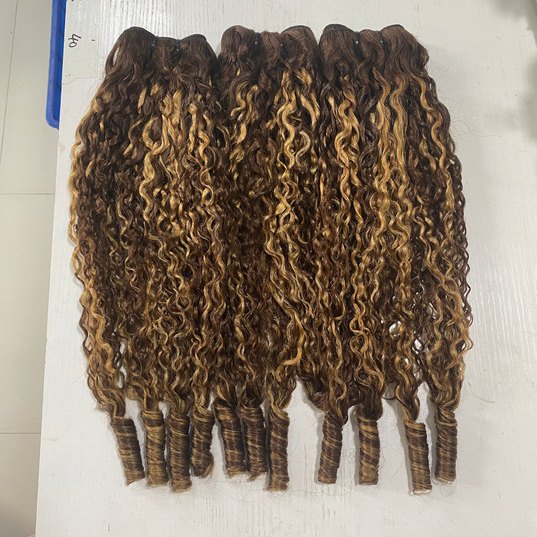 Highlight P4/27 Colored Burmese Curly 4 Bundles Pixie Curls Human Hair Bundles Ocean Spirals Curly