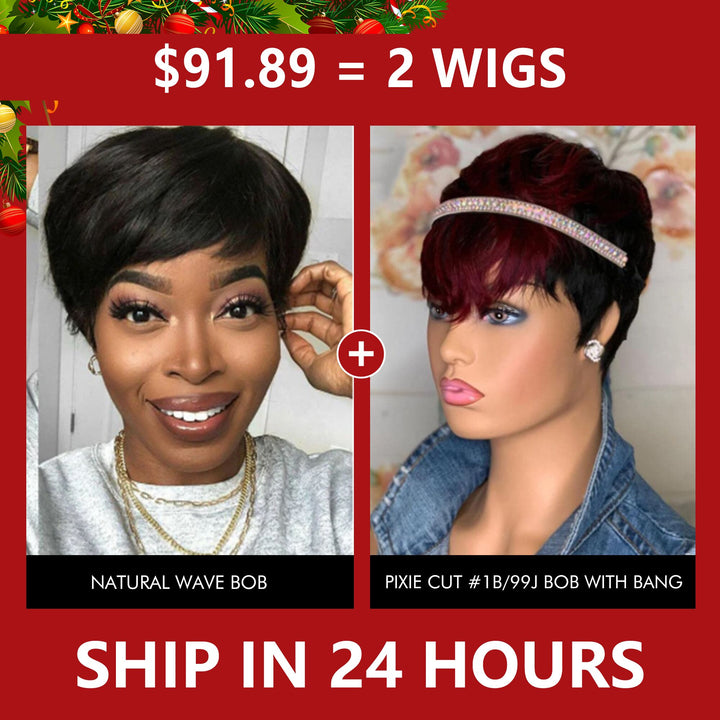 Big Sale：$ 91.89=Pixie Cut Natural Wave Bob Wig+1B/99J Short Straight Bob Wig