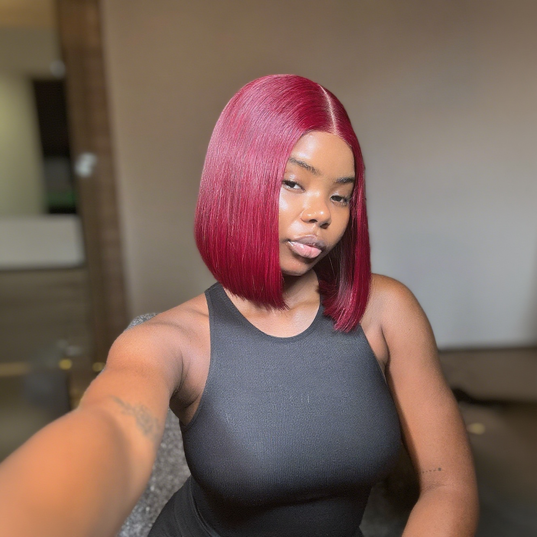 15A Lumiere 2x6 Lace Closure Straight Bob Wigs 250% Density #99J Red Colored Blunt Cut New Short Bob Wigs