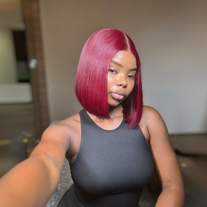 15A Lumiere 2x6 Lace Closure Straight Bob Wigs 250% Density #99J Red Colored Blunt Cut New Short Bob Wigs
