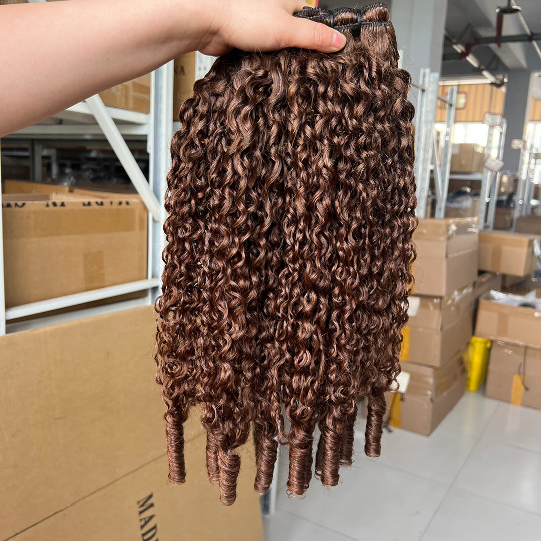 Lumiere Burmese Curly Bundles #4 Brown Chocolate Burmese Curly 4 Bundles With 4x4 Lace Closure Spiral Ends Weave Hair Extensions