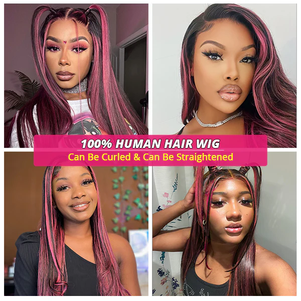 Hot Pink and Black Skunk Stripe Body Wave 13x4 HD Lace Front Human Hair Wigs With Purple Red Highlights Lace frontal Wigs