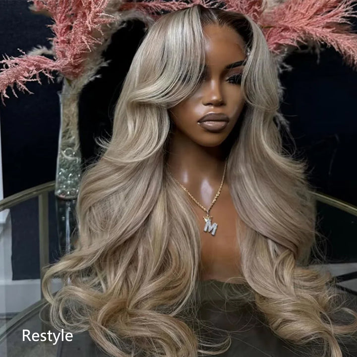 Gray Ash Blonde With Root 4 Brown Lace Front Body Wave/Straight Human Hair Wigs  Root4/Gray Blonde Silky Human Hair Wig 200% Density