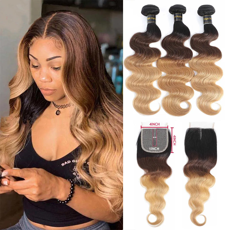 Peruvian Ombre 1b/4/27 Body Wave 3 Bundles with 4X4 lace Closure