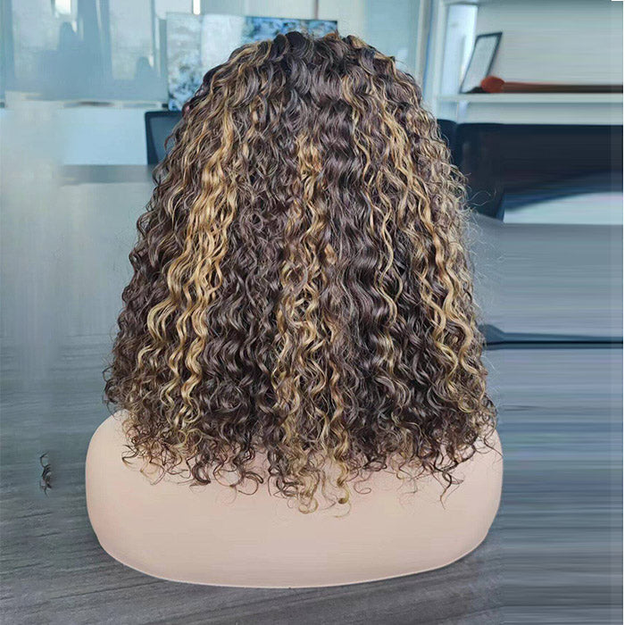 Lumiere Pre Cut 4/27 Honey Blonde Curly Wave Bob 250% Density Glueless Wig 4x4 Lace Human Hair Wigs for Women