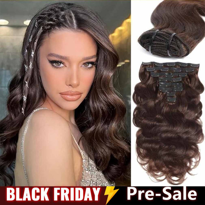 Ship In 24Hours-Lumiere #2 Dark Brown Body Wave Clip In Human Hair Extensions 10-26 Inches 8 Pcs/Set