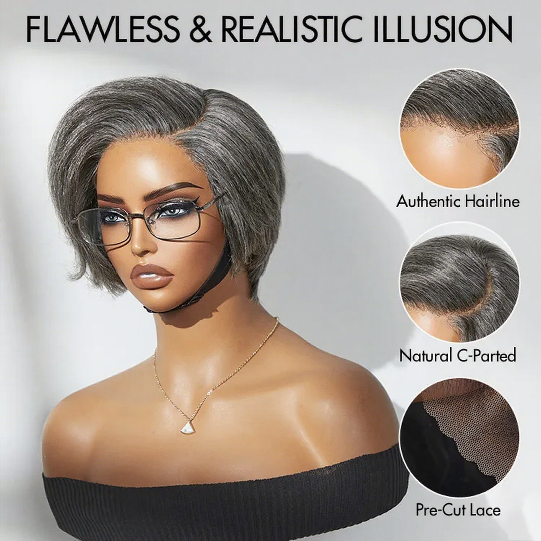 Lumiere Pixie Cut Human Hair Wigs Salt & Pepper Wigs Short Bob Left C Part 4x6x1 Lace Grey Wig Pre-Cut Lace