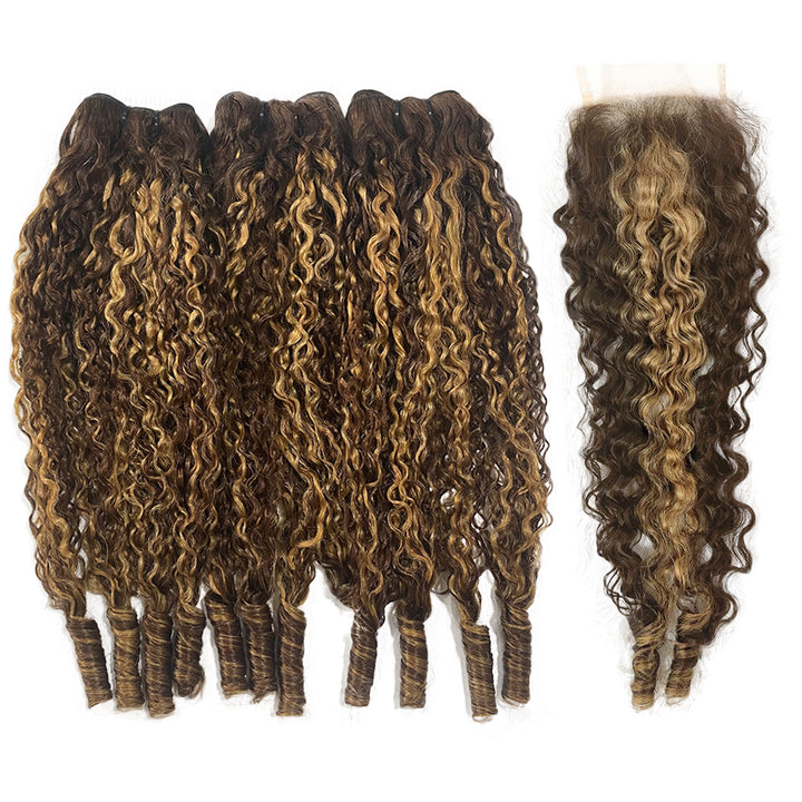 Highlight P4/27 Colored Burmese Curly 3 Bundles With 4x4 Transparent Lace Closure With Spriral End Human Hair