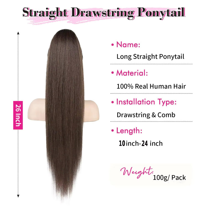 #2 Dark Brown Wrap Around Ponytail Extensions Long Straight Magic Paste Pony Tail  Natural Soft  Human Hair