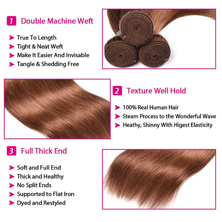 #30 Light Brown Straight Human Hair 4 Bundles with 5x5/6x6 Lace Closure Unprocessed Brazilian Virgin Weave 100% Human Hair Extensions