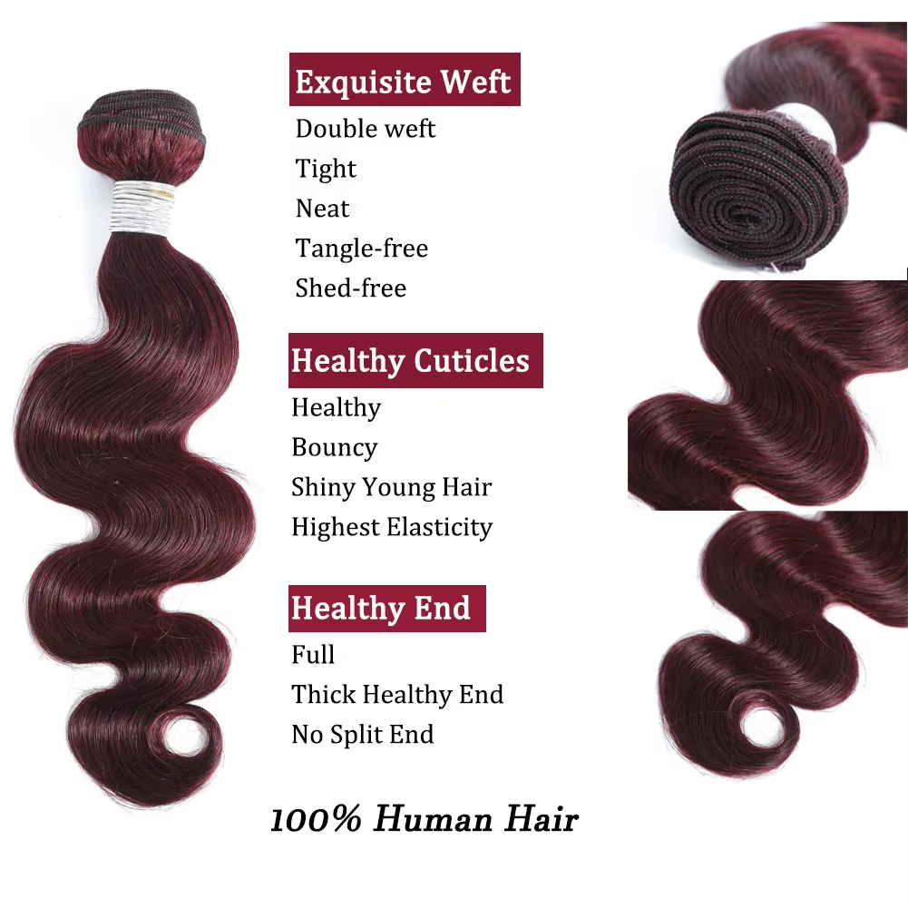 99j Burgundy Colored Body Wave 4 Bundles Brazilian Wavy With 5x5/6x6 Closure Human Hair