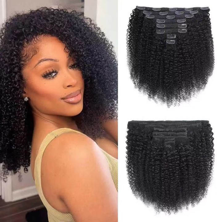 Afro Curly Clip In Human Hair Extensions Couleur Naturelle 8 Pièces / Set 120G 