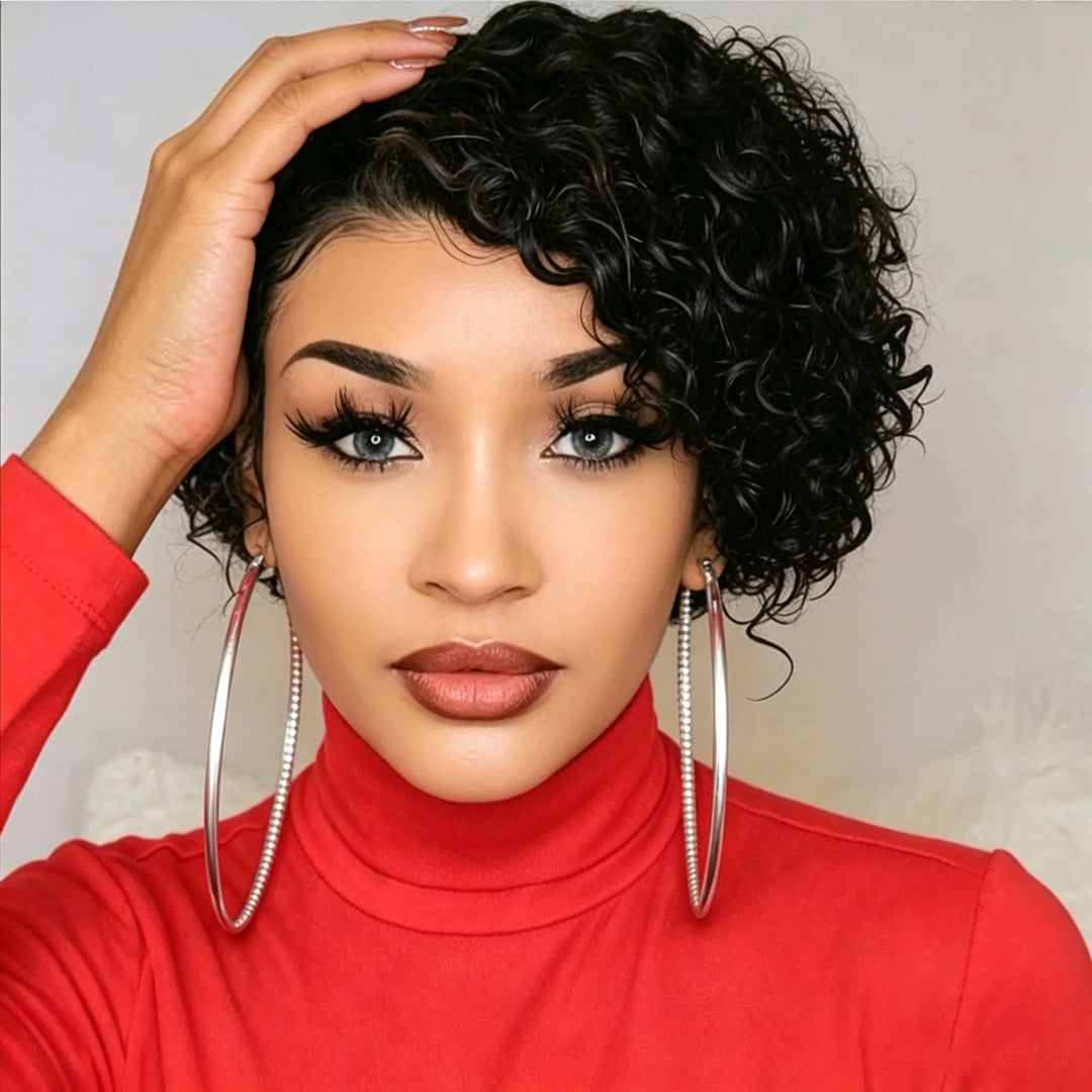 # 1B Curly Short Bob Full Machine Made None Lace Wig Avec Bangs Virgin Human Hair 