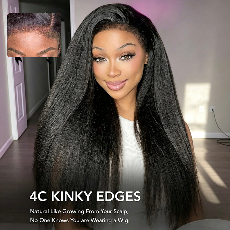 Bords 4C | Indétectable Kinky Straight Kinky Edges 13x4 Frontal Lace Glueless Wig | Inspiré d'Afro 