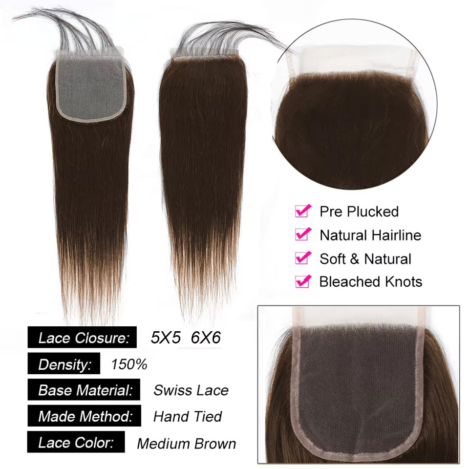#4 Brown Body Wave 3 Bundles avec 4X4 Lace Closure 100% cheveux humains vierges 