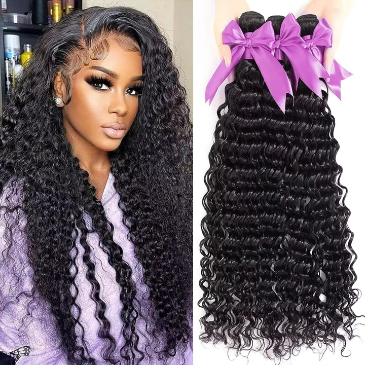 (B2)  Deep Wave Human Hair 3 Bundles Brazilian Remy  Weaving Curly Hair Bundles Weave Extension