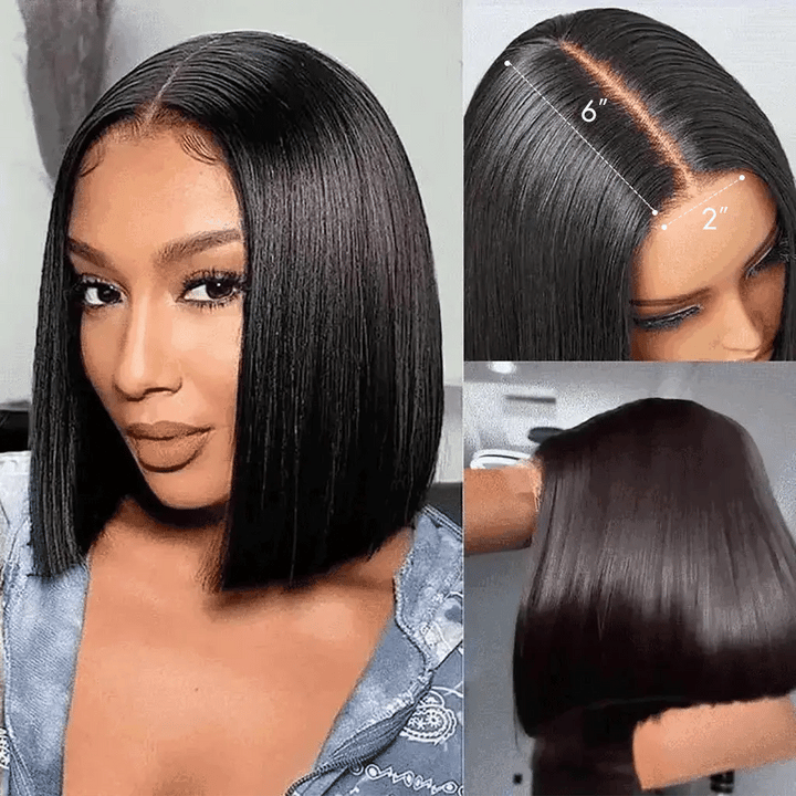 Lumiere Blunt Cut Bob 2x6 Lace Closure Straight Wigs Human Hair for Women Natural Black 220% Density